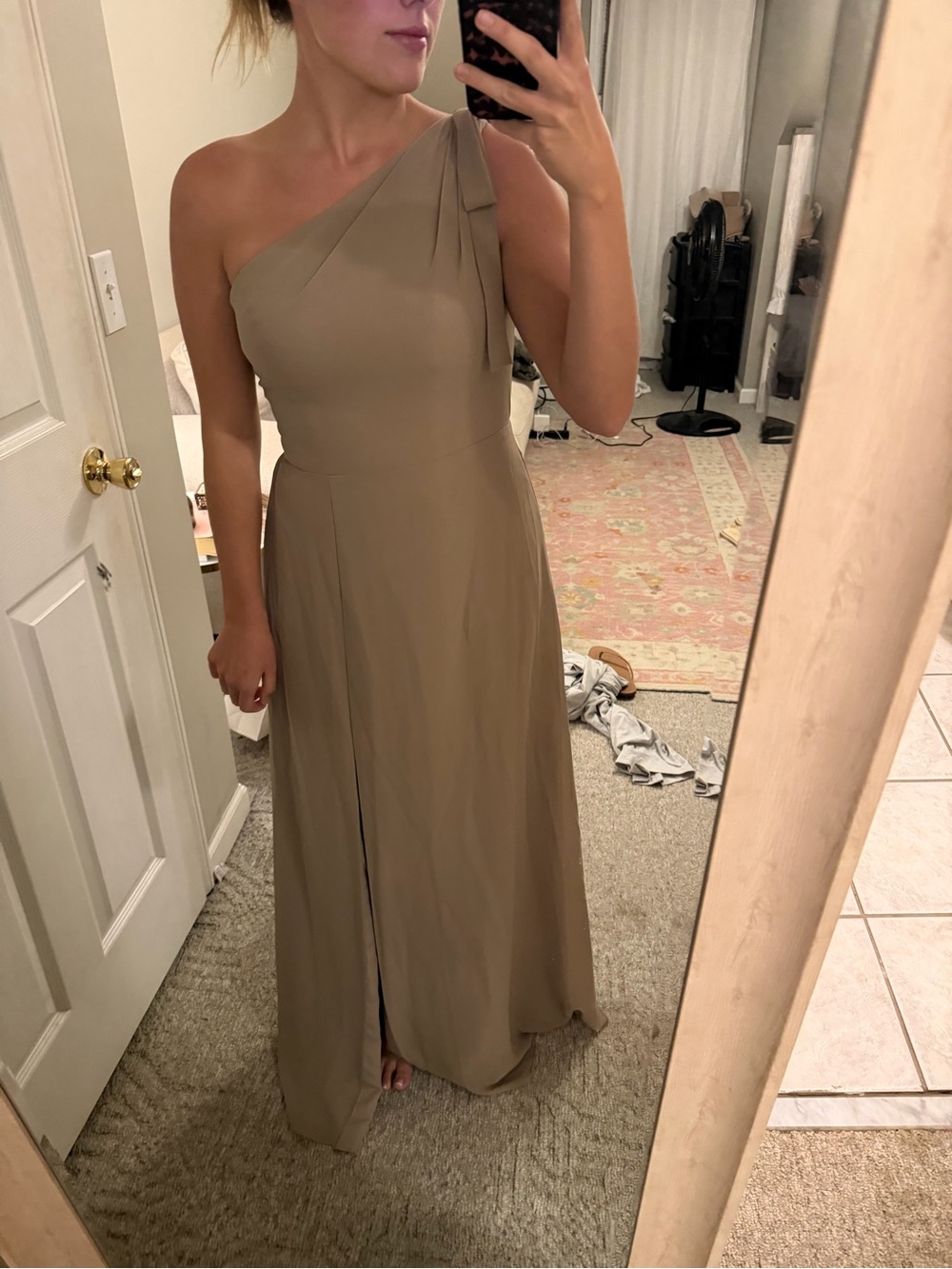 JJs House One-Shoulder Taupe Prom Gown